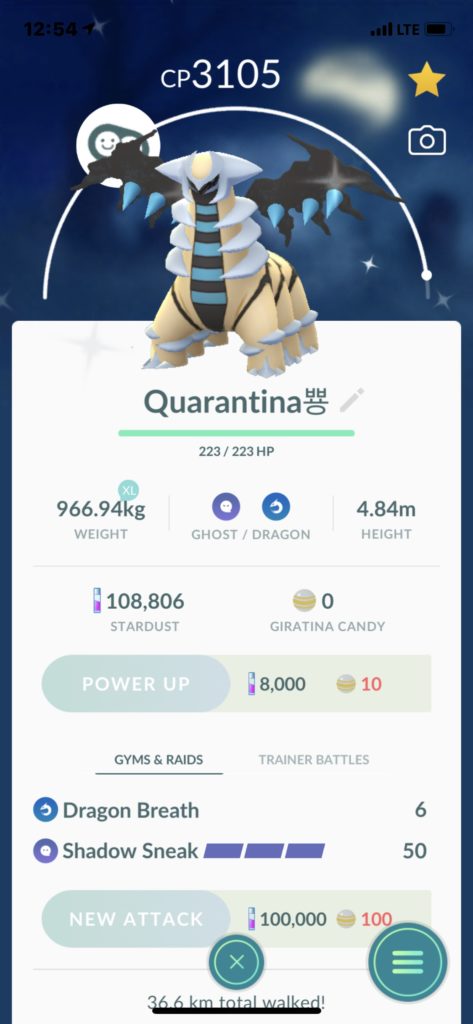Pokemon Go screenshot of Girating monster, renamed by me to "Quarantina"