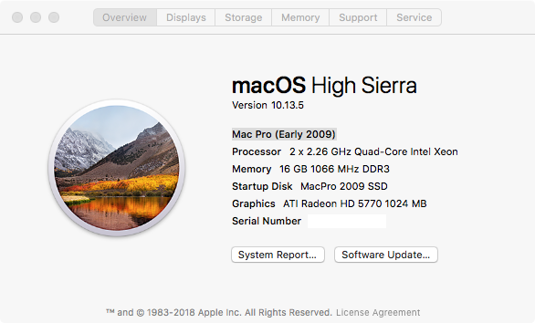 About This Mac shows Mac Pro (Early 2009) running macOS High Sierra