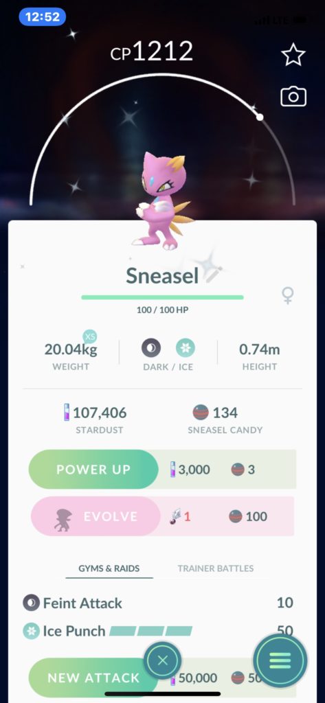 Pokemon Go screenshot of a monster called Sneasel. This is the shiny version, and it's pink instead of blue-ish. 